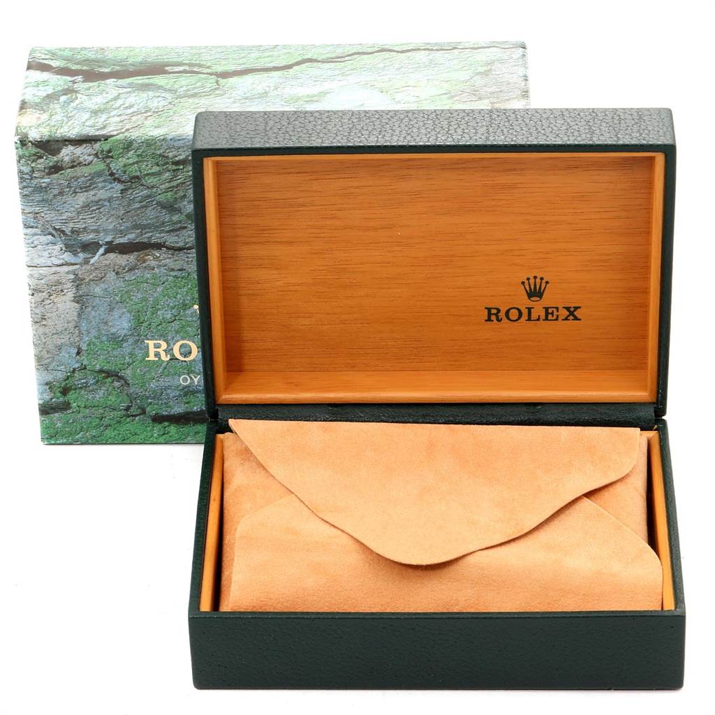 This image shows an open Rolex watch box and case for the Air-King model from a front angle.
