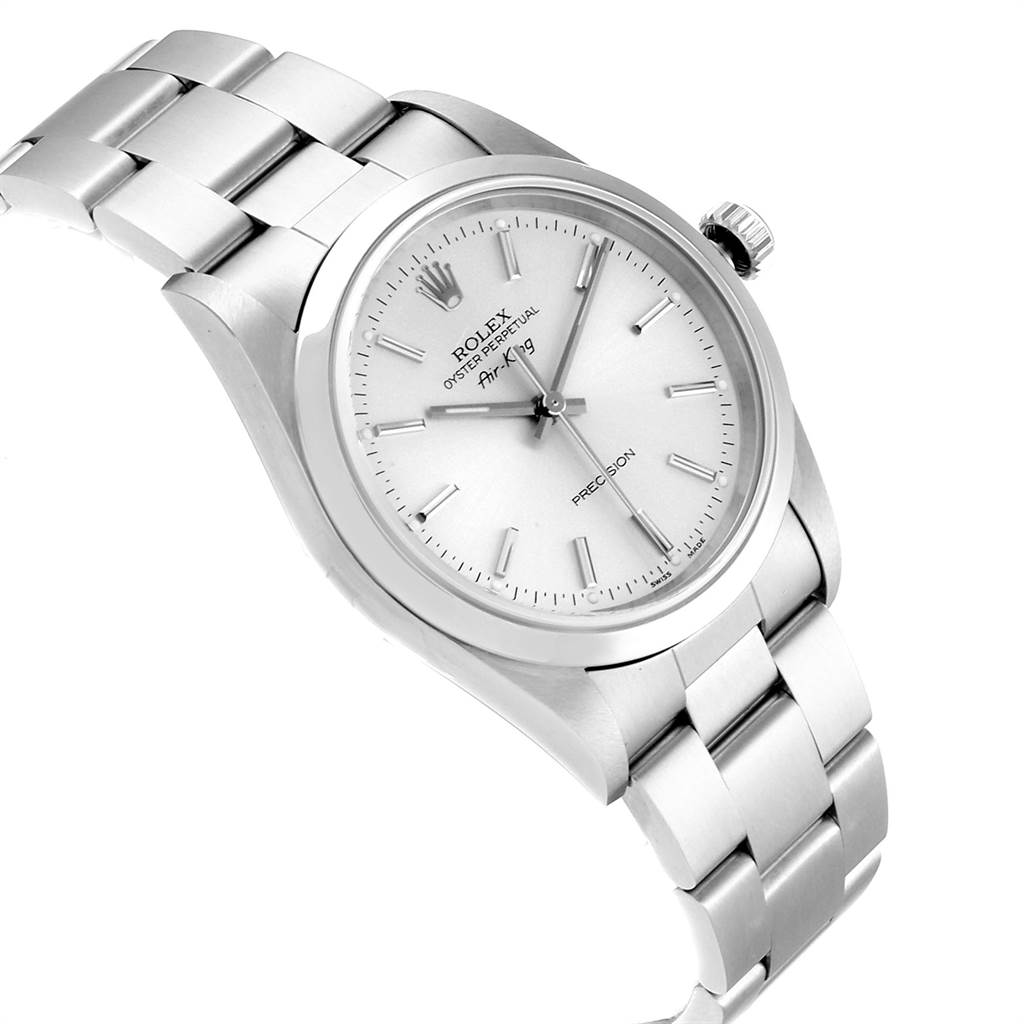 The Rolex Air-King 14000 Men's Stainless Steel Silver Dial 14000 Men's Stainless Steel Silver Dial watch is shown at an angled view, displaying the face, case, bezel, crown, and bracelet.