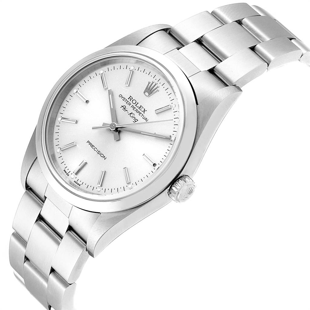 The Rolex Air-King 14000 Men's Stainless Steel Silver Dial 14000 Men's Stainless Steel Silver Dial watch is shown at a slight angle, highlighting its dial, crown, case, and part of the bracelet.