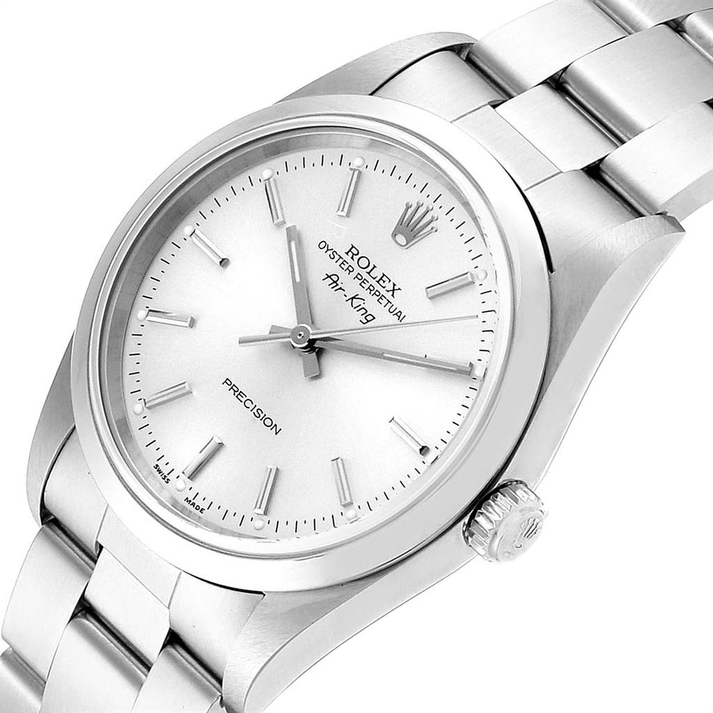 This image shows a Rolex Air-King 14000 Men's Stainless Steel Silver Dial 14000 Men's Stainless Steel Silver Dial watch at an angled view, highlighting the face, crown, and part of the bracelet.