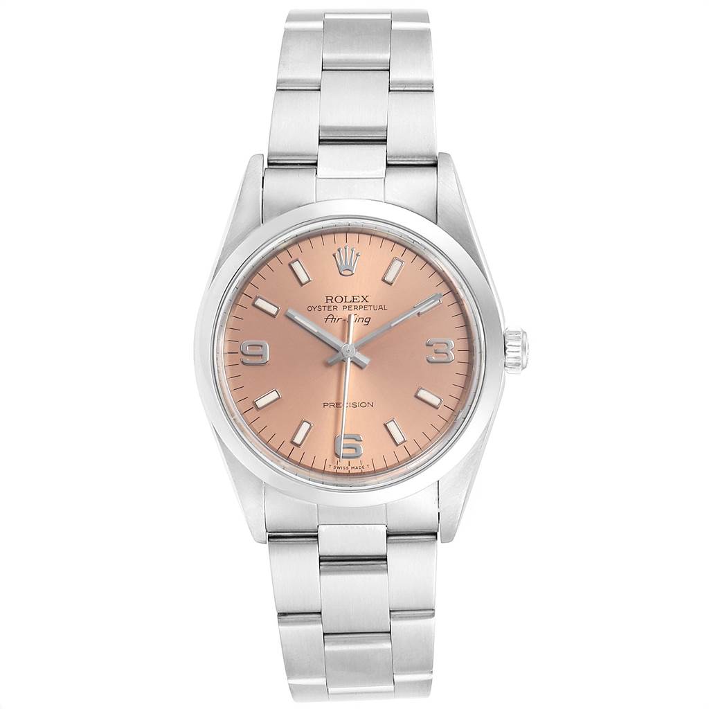 This image shows a Rolex Air-King 14000 Stainless Steel Pink Dial 14000 Stainless Steel Pink Dial watch from a front angle, displaying its dial, hands, case, and bracelet.