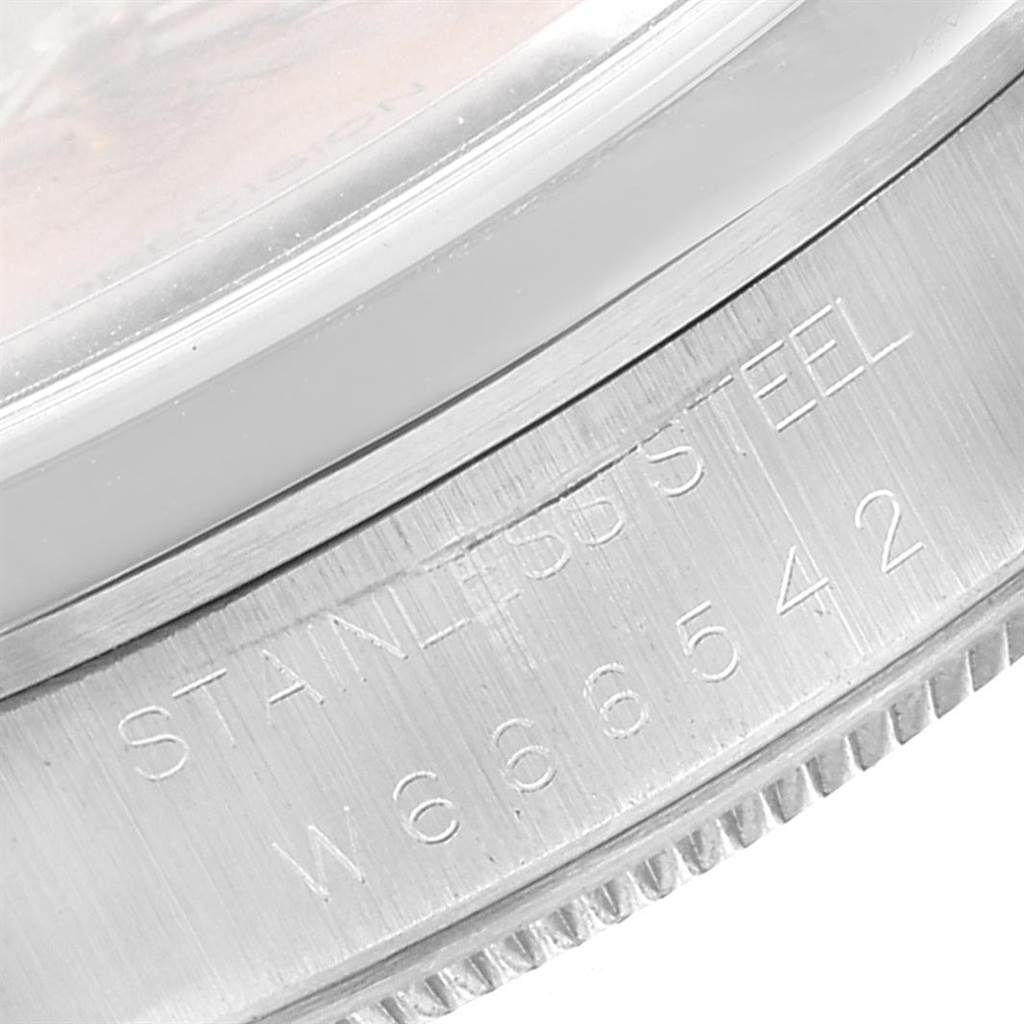 The image shows a close-up of the case side, focusing on the stainless steel engraving of a Rolex Air-King 14000 Stainless Steel Pink Dial 14000 Stainless Steel Pink Dial watch.