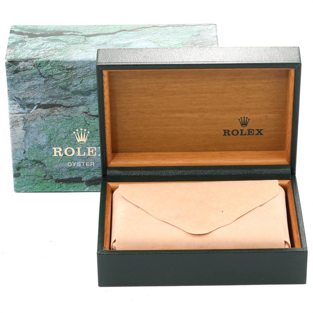 The image shows an open Rolex watch box for the Air-King model, with the watch inside a protective sleeve and the outer packaging also visible.