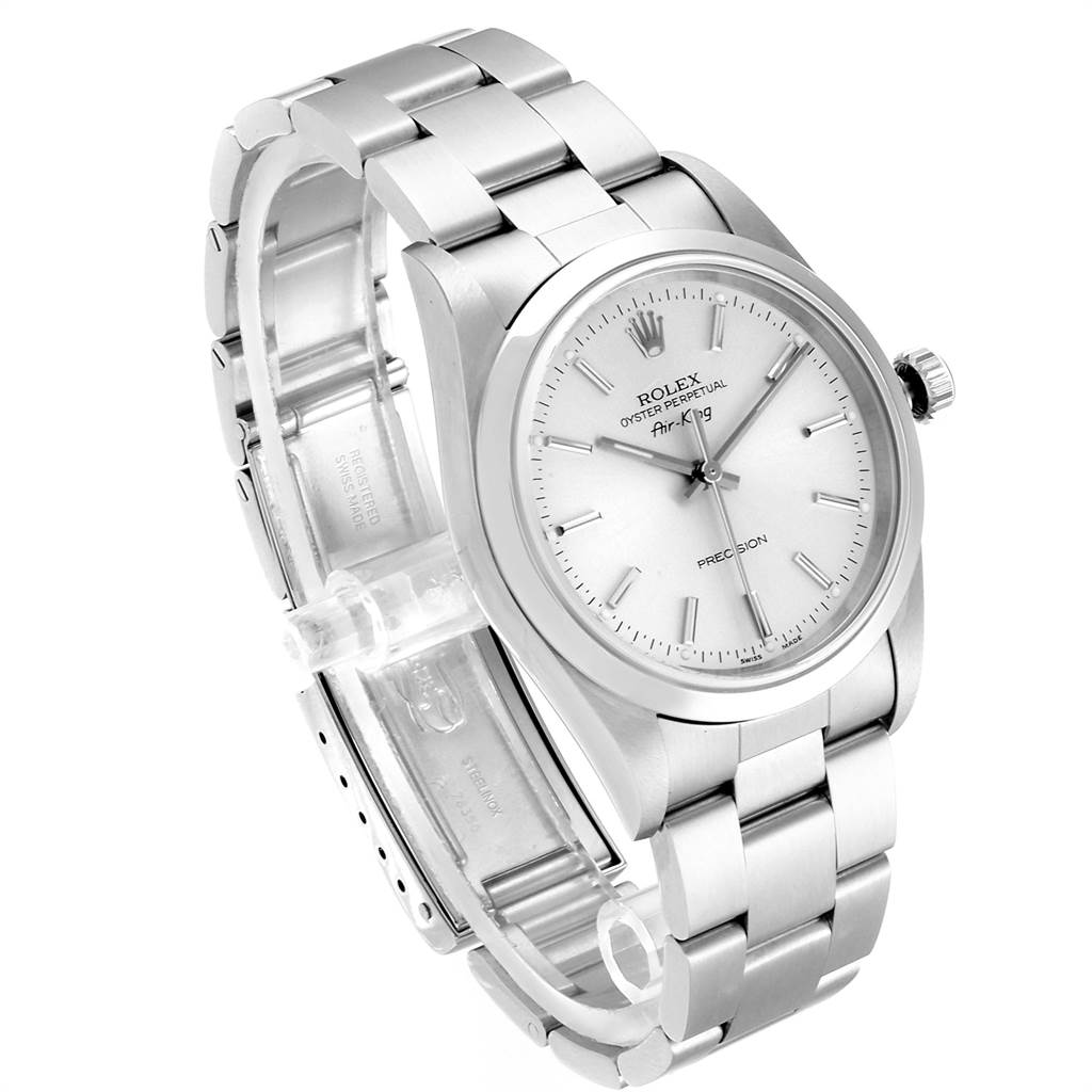 The image shows a Rolex Air-King 14000 Men's Stainless Steel Silver Dial 14000 Men's Stainless Steel Silver Dial watch at a three-quarter angle, displaying the face, bezel, bracelet, and crown.