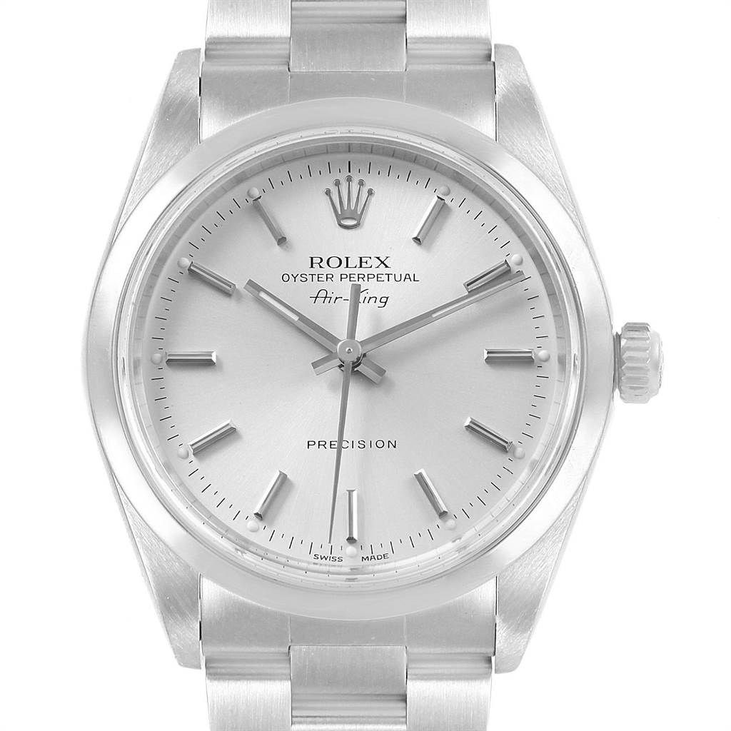 The image shows a front view of the Rolex Air-King 14000 Men's Stainless Steel Silver Dial 14000 Men's Stainless Steel Silver Dial watch, displaying the dial, hands, crown, and part of the bracelet.