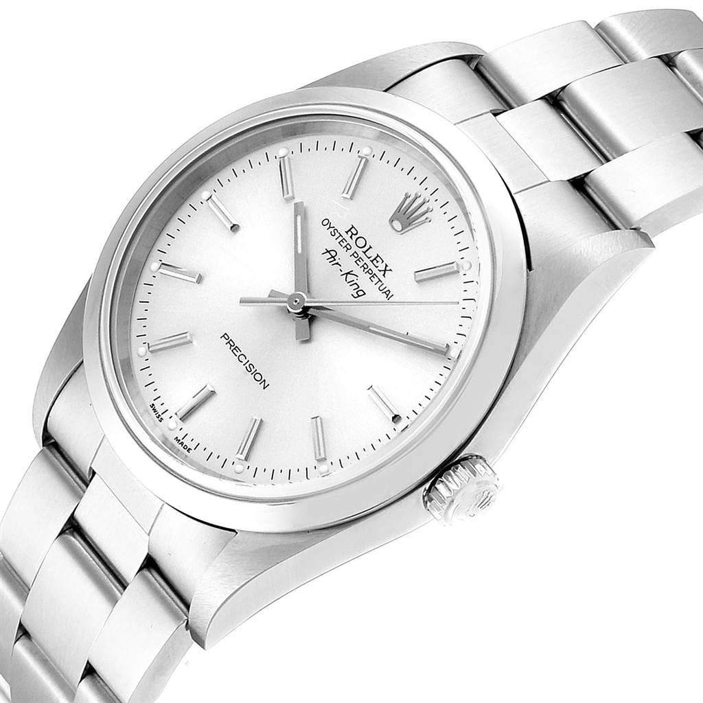 The image shows a Rolex Air-King 14000 Men's Stainless Steel Silver Dial 14000 Men's Stainless Steel Silver Dial watch from an angled top view, highlighting the face, bezel, bracelet, and crown.