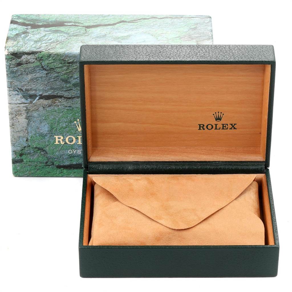 The image shows an open box and protective pouch for the Rolex Air-King 14000 Men's Stainless Steel Silver Dial 14000 Men's Stainless Steel Silver Dial watch.