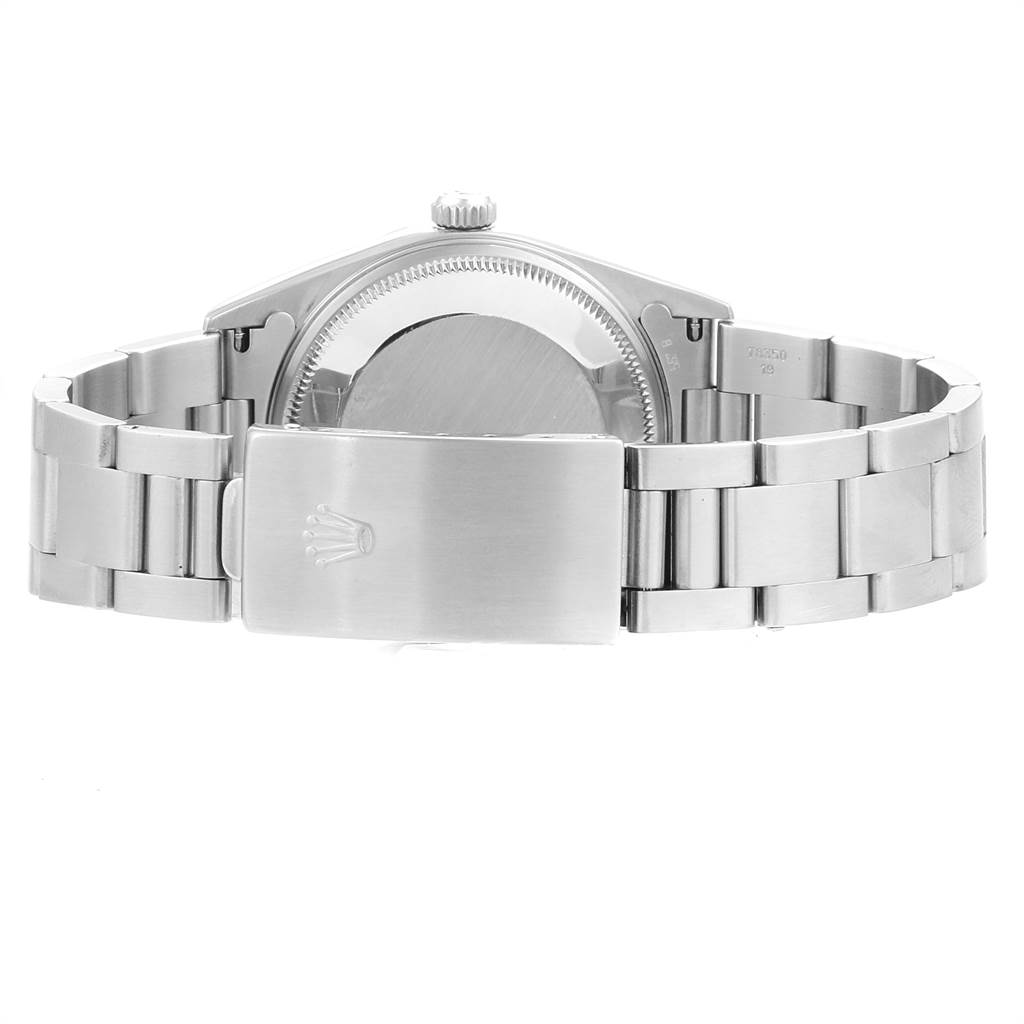 The image shows the back view of a Rolex Air-King 14000 Men's Stainless Steel Silver Dial 14000 Men's Stainless Steel Silver Dial watch, highlighting its clasp, case back, and stainless steel bracelet.