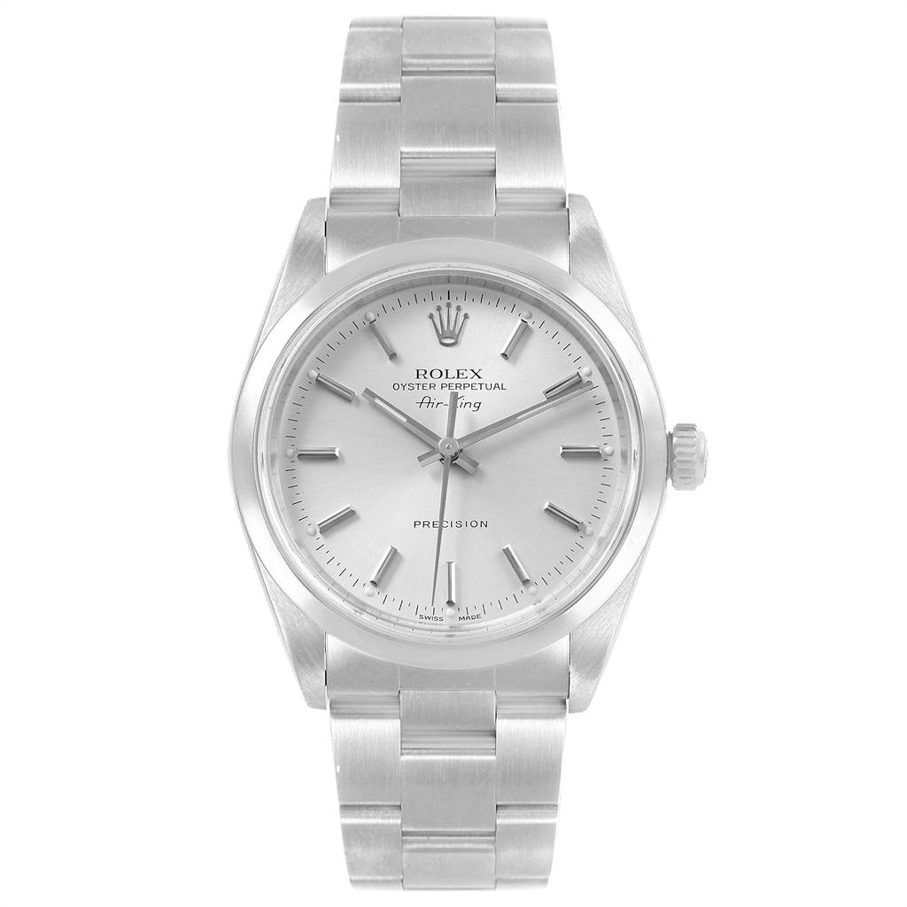 The Rolex Air-King 14000 Men's Stainless Steel Silver Dial 14000 Men's Stainless Steel Silver Dial watch is shown from a front angle, displaying its face, bezel, crown, and bracelet.