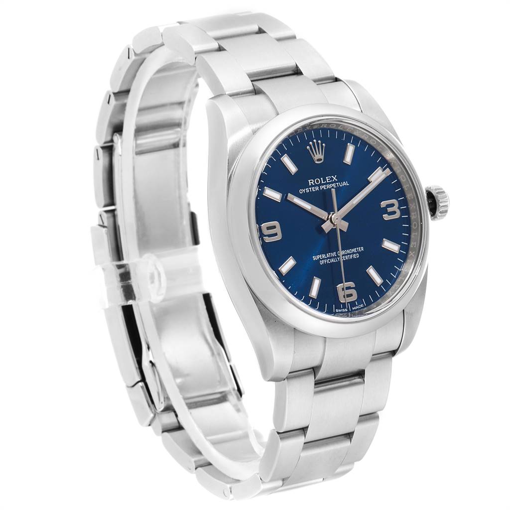 This image shows a side view of a Rolex Air-King 114200 Men's Stainless Steel Blue Dial 114200 Men's Stainless Steel Blue Dial watch featuring a stainless steel bracelet and a blue dial.