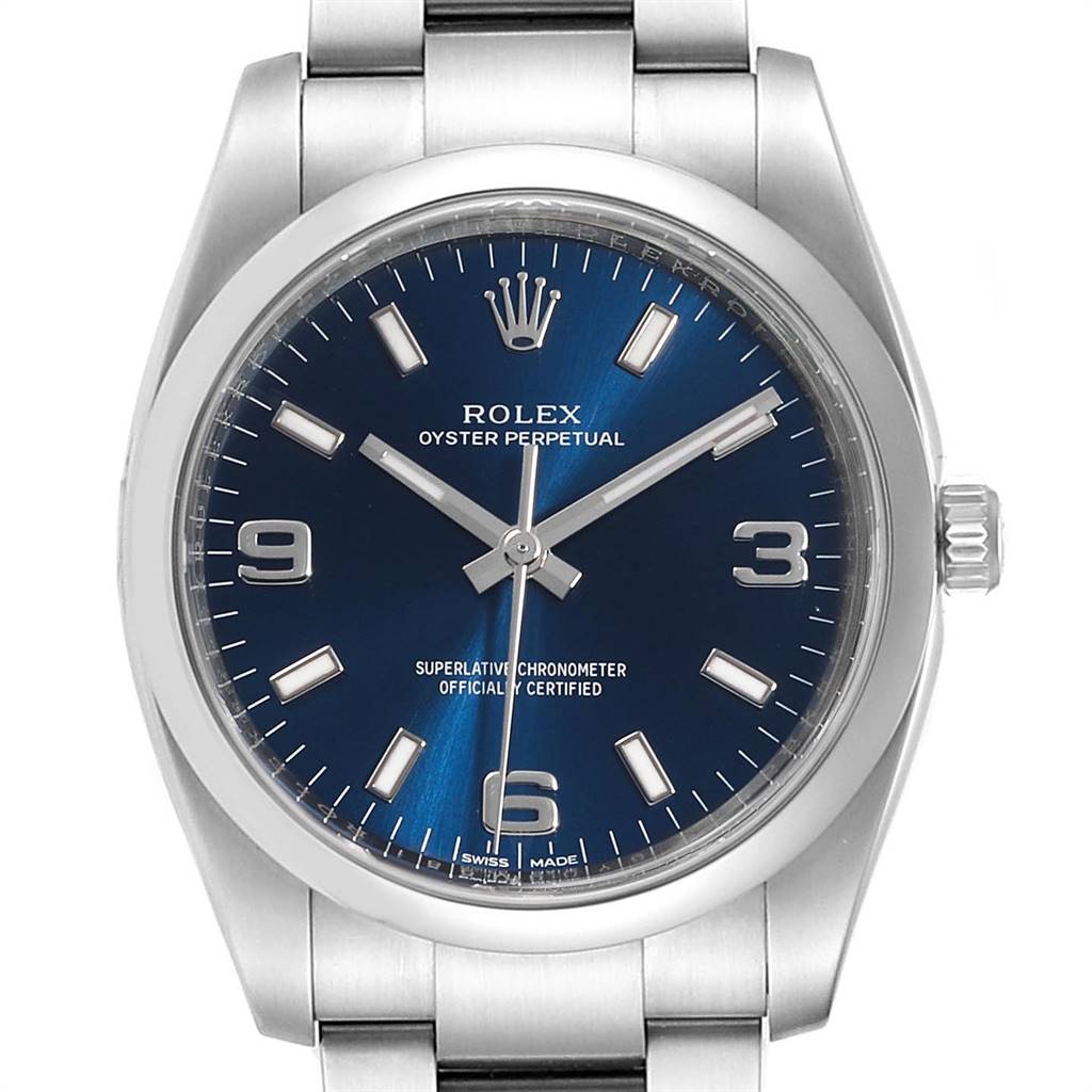 The image shows a front view of the Rolex Air-King 114200 Men's Stainless Steel Blue Dial 114200 Men's Stainless Steel Blue Dial watch, highlighting the face, crown, and part of the bracelet.