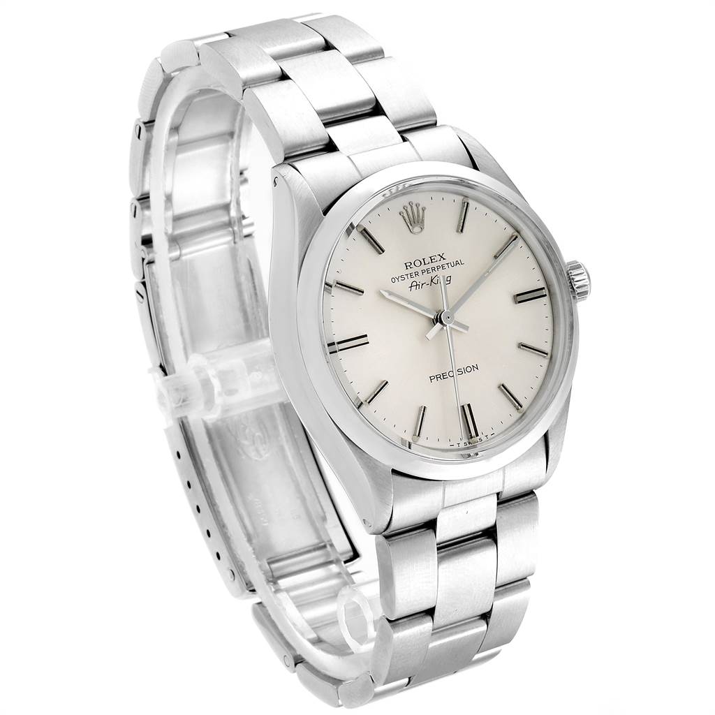 The image shows a Rolex Air-King 5500 Men's Stainless Steel Silver Dial 5500 Men's Stainless Steel Silver Dial watch angled to display the face, crown, and metal bracelet.