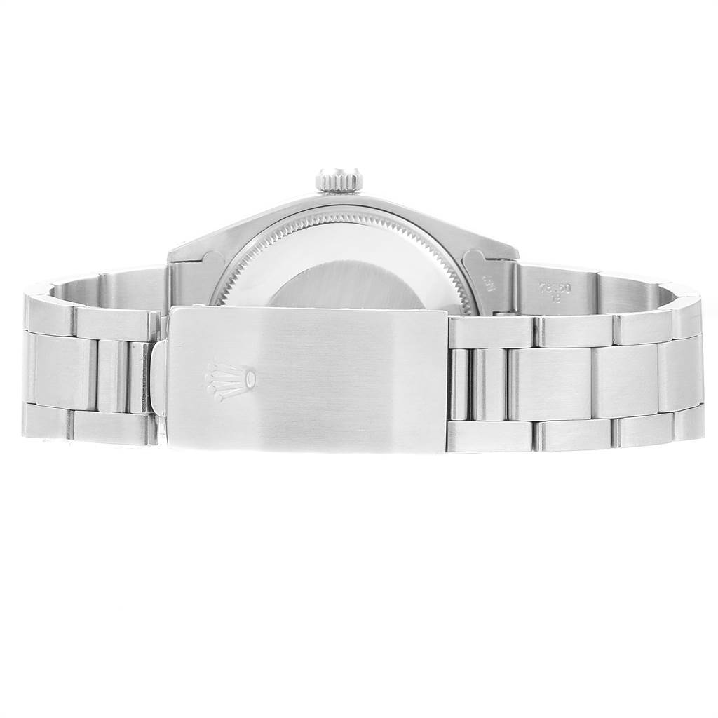 The image shows the back view of a Rolex Air-King 5500 Men's Stainless Steel Silver Dial 5500 Men's Stainless Steel Silver Dial watch, highlighting the stainless steel bracelet and clasp.