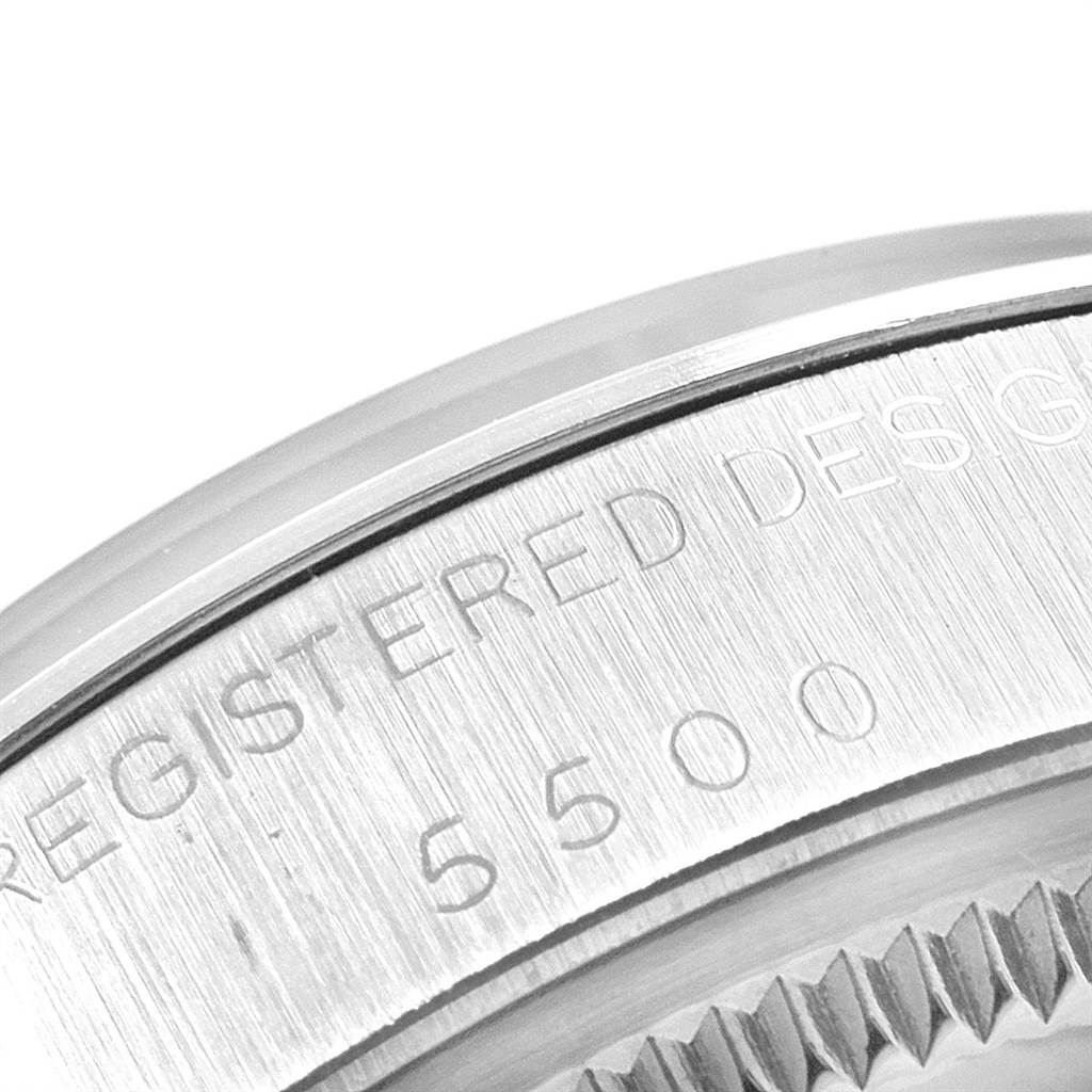 The image shows a close-up of the case back edge of a Rolex Air-King 5500 Men's Stainless Steel Silver Dial 5500 Men's Stainless Steel Silver Dial model, featuring engraved text including the model number 5500.