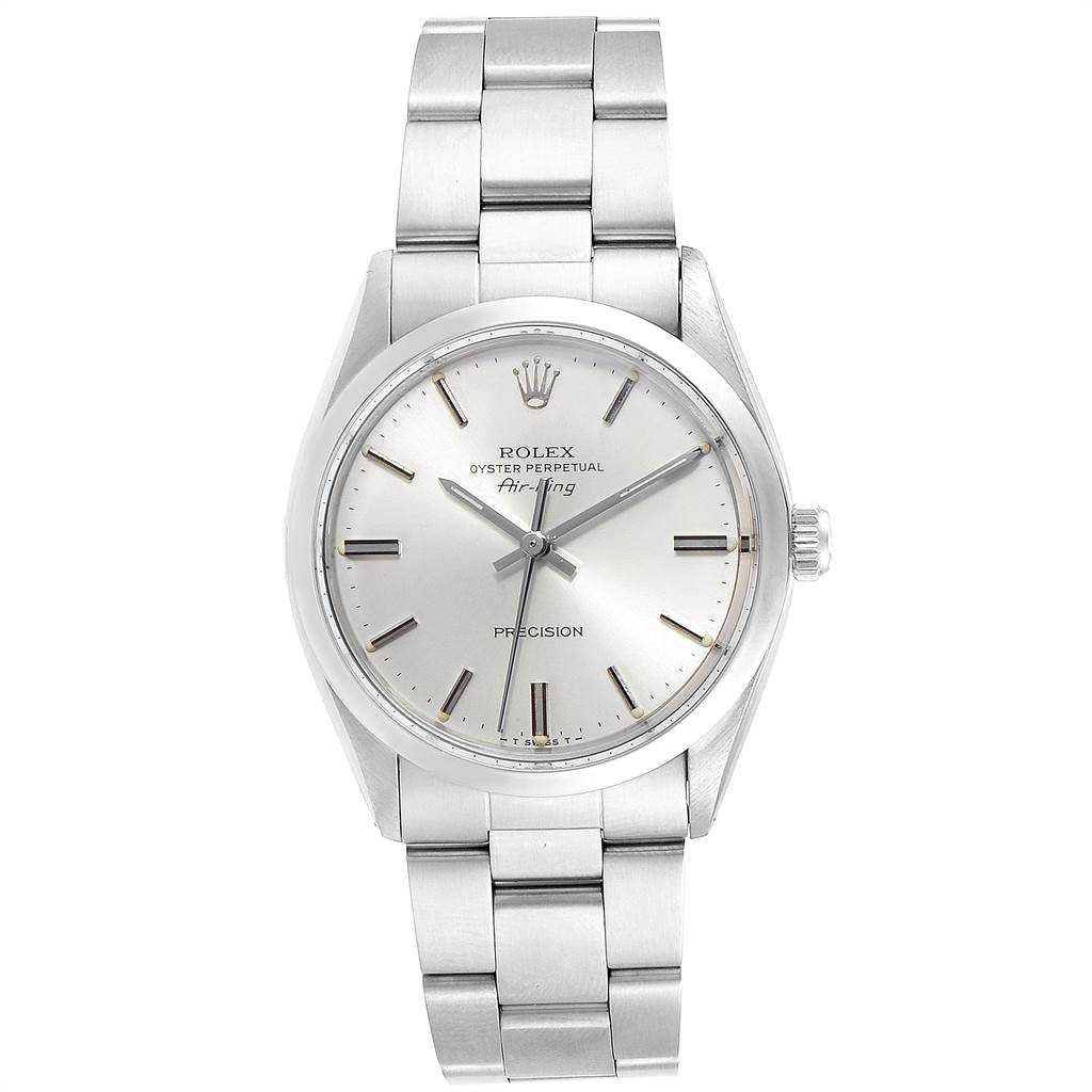 The image shows a frontal view of a Rolex Air-King 5500 Men's Stainless Steel Silver Dial 5500 Men's Stainless Steel Silver Dial watch, highlighting its stainless steel bracelet, silver dial, and crown.
