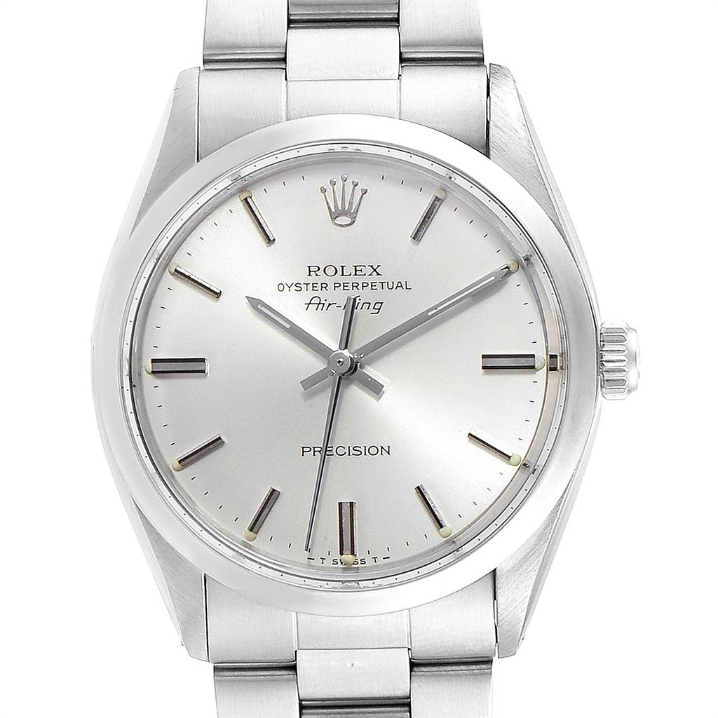 The Rolex Air-King 5500 Men's Stainless Steel Silver Dial 5500 Men's Stainless Steel Silver Dial watch is shown from a front angle, displaying its dial, hour markers, hands, crown, and part of the bracelet.