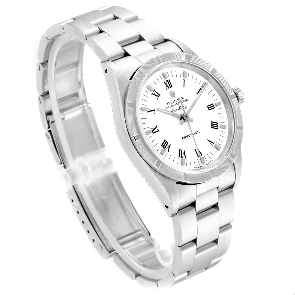 This image shows a Rolex Air-King 14010 Men's Stainless Steel White Dial 14010 Men's Stainless Steel White Dial watch at a three-quarter angle, featuring its bracelet, bezel, and white dial.