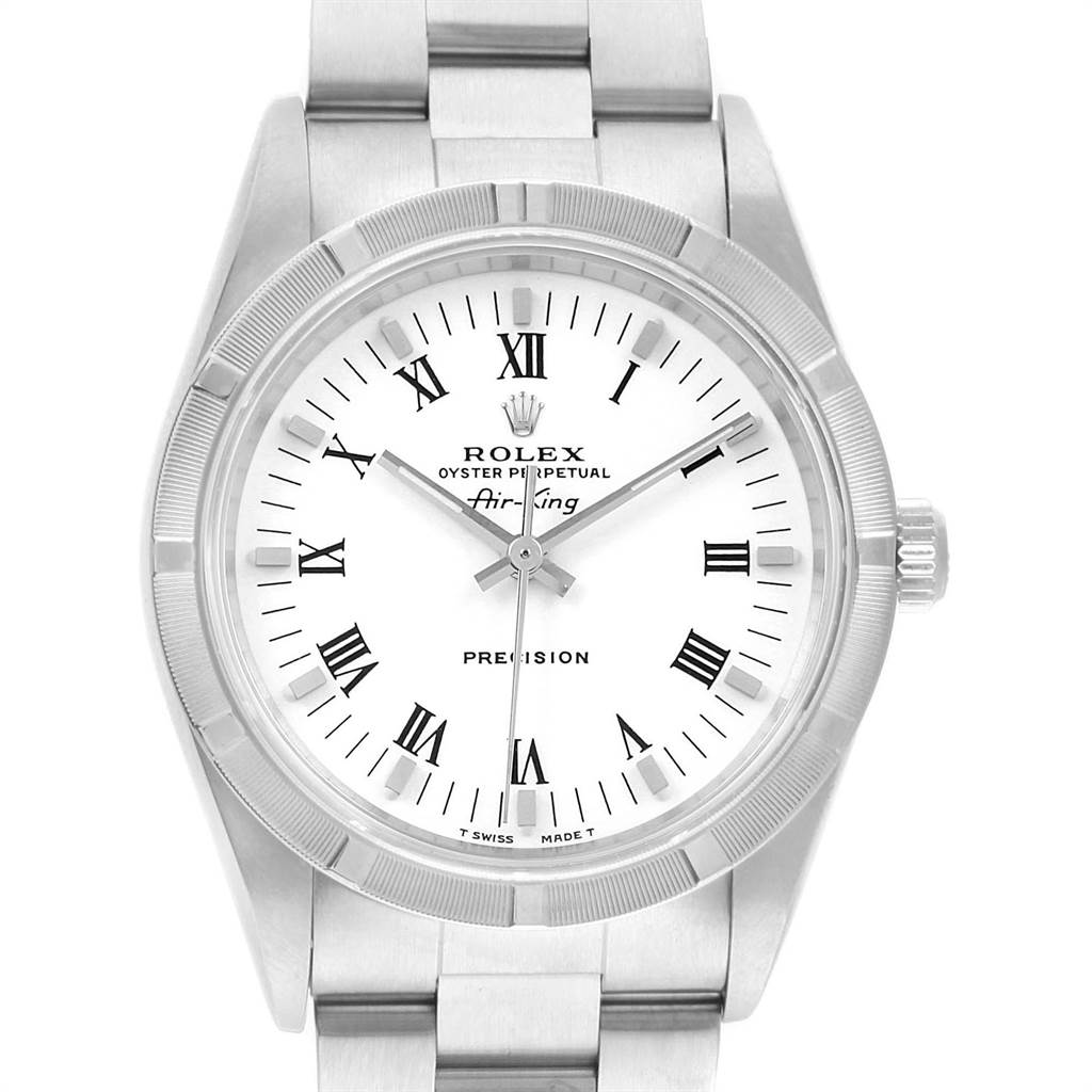 The Rolex Air-King 14010 Men's Stainless Steel White Dial 14010 Men's Stainless Steel White Dial watch is shown from a front angle, displaying the face, bezel, and part of the bracelet.