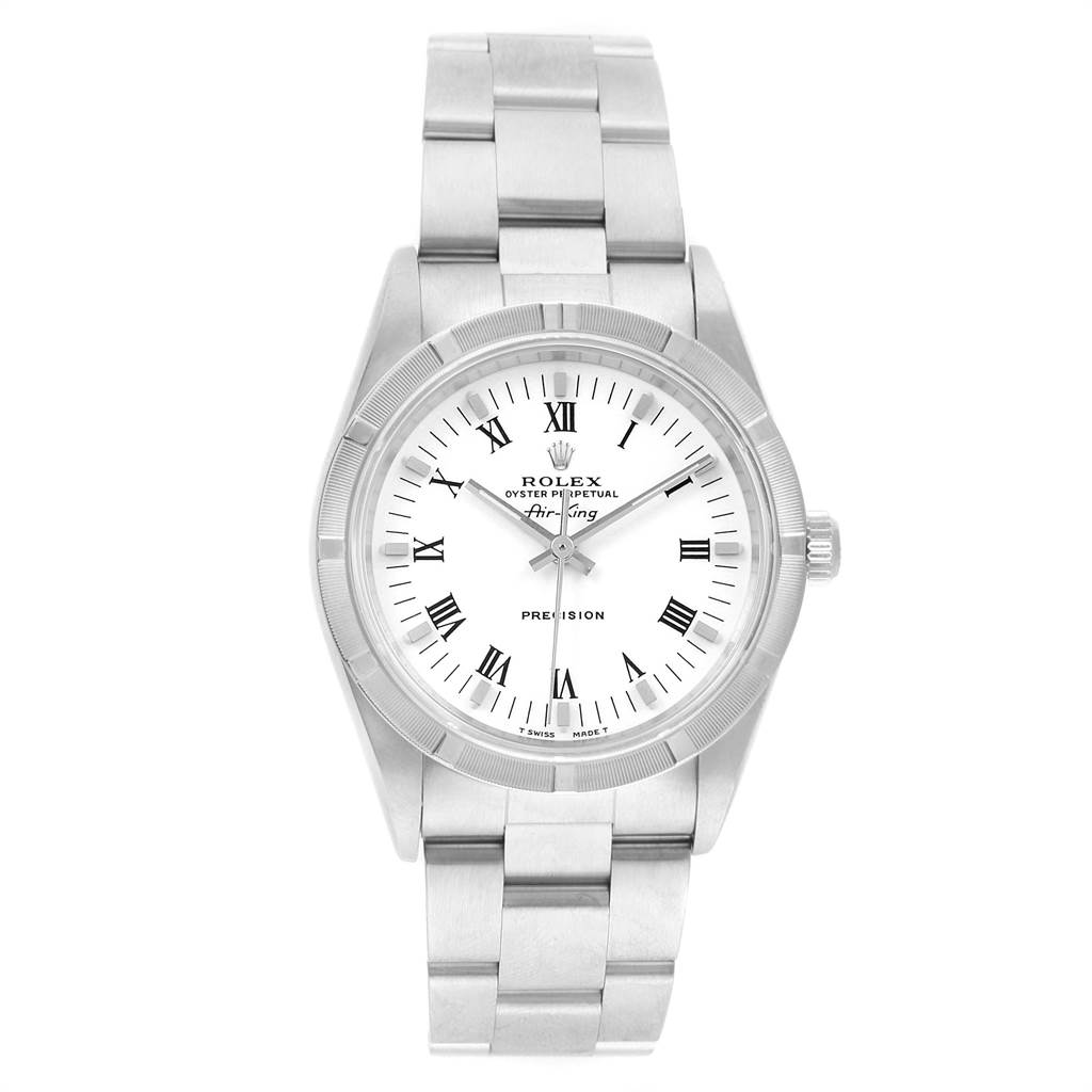 The Rolex Air-King 14010 Men's Stainless Steel White Dial 14010 Men's Stainless Steel White Dial watch is shown from a top-down angle, highlighting its face, bezel, and stainless steel bracelet.