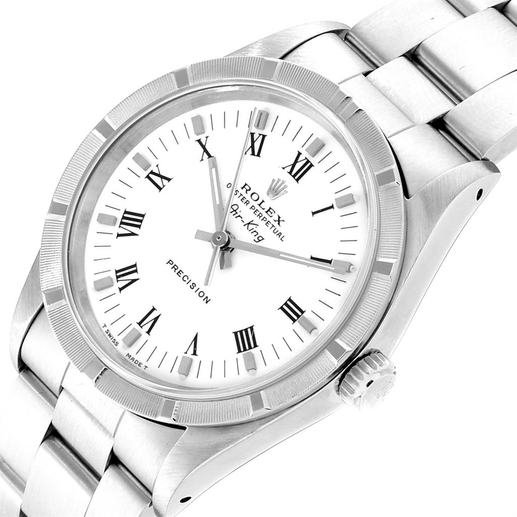 This Rolex Air-King 14010 Men's Stainless Steel White Dial 14010 Men's Stainless Steel White Dial watch is shown at an angled close-up, featuring the dial, bezel, crown, and part of the bracelet.