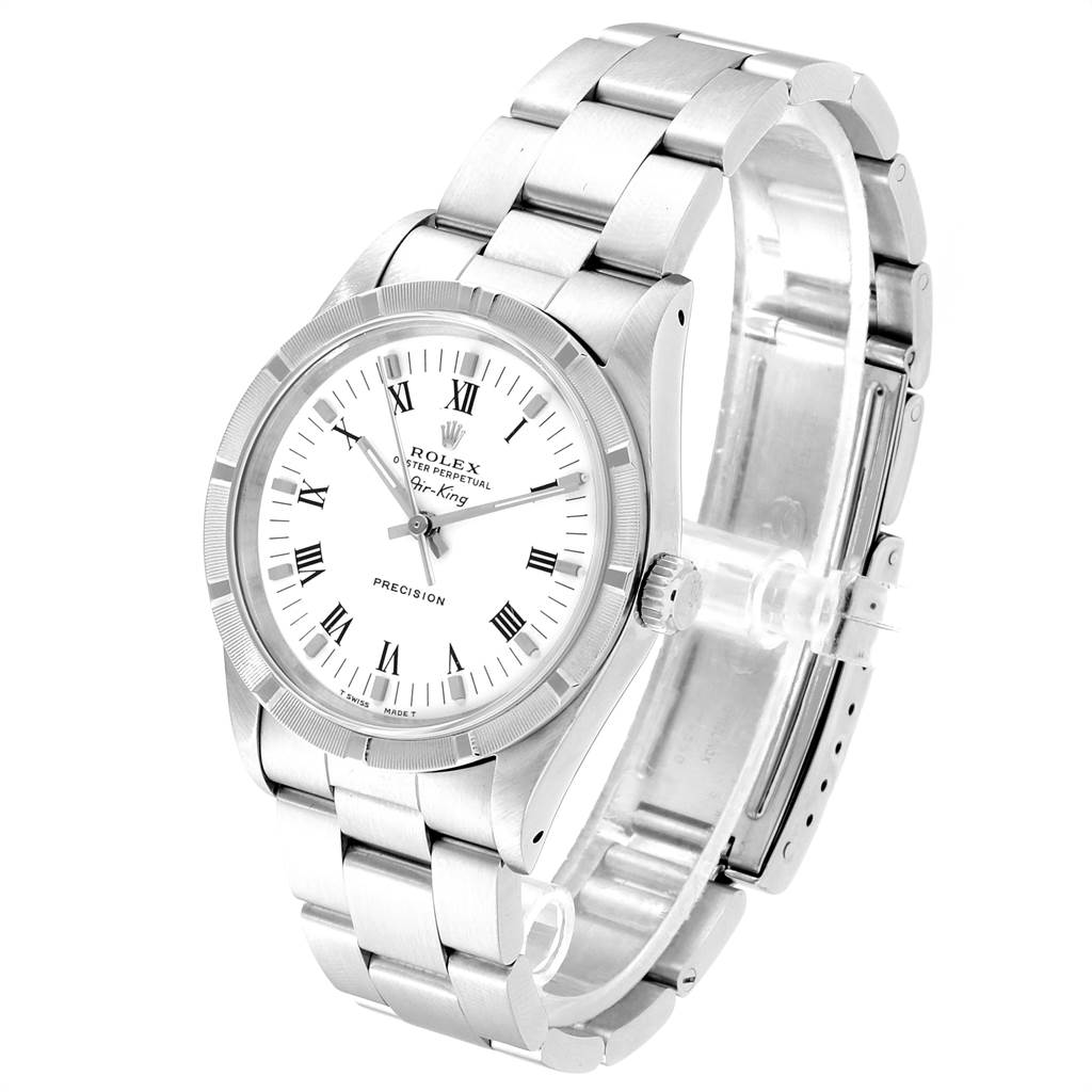 This image shows a Rolex Air-King 14010 Men's Stainless Steel White Dial 14010 Men's Stainless Steel White Dial watch at a three-quarter angle, displaying the dial, bezel, case, and bracelet.