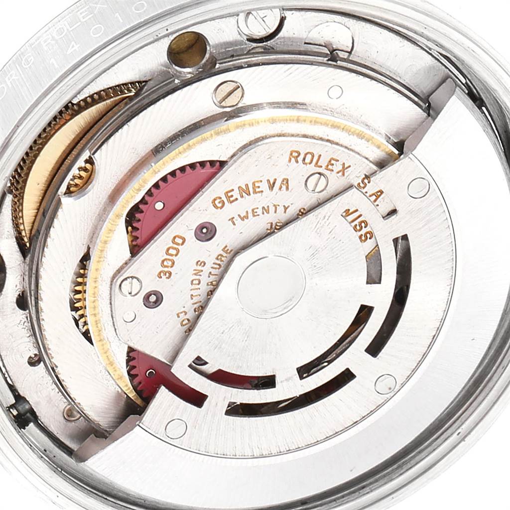The image shows a close-up of the movement mechanism of a Rolex Air-King 14010 Men's Stainless Steel White Dial 14010 Men's Stainless Steel White Dial watch.