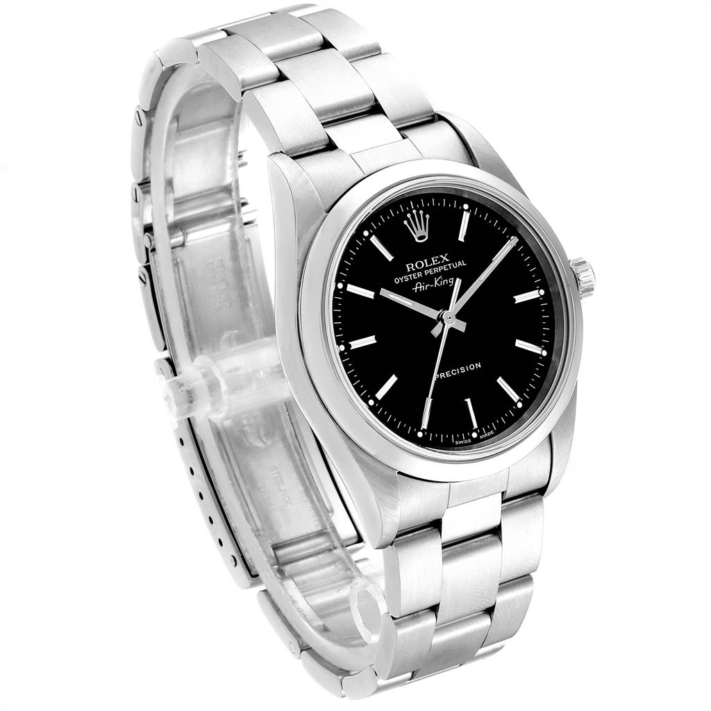 The Rolex Air-King 14000 Men's Stainless Steel Black Dial 14000 Men's Stainless Steel Black Dial watch is shown at an angle, highlighting its face, bracelet, and clasp.