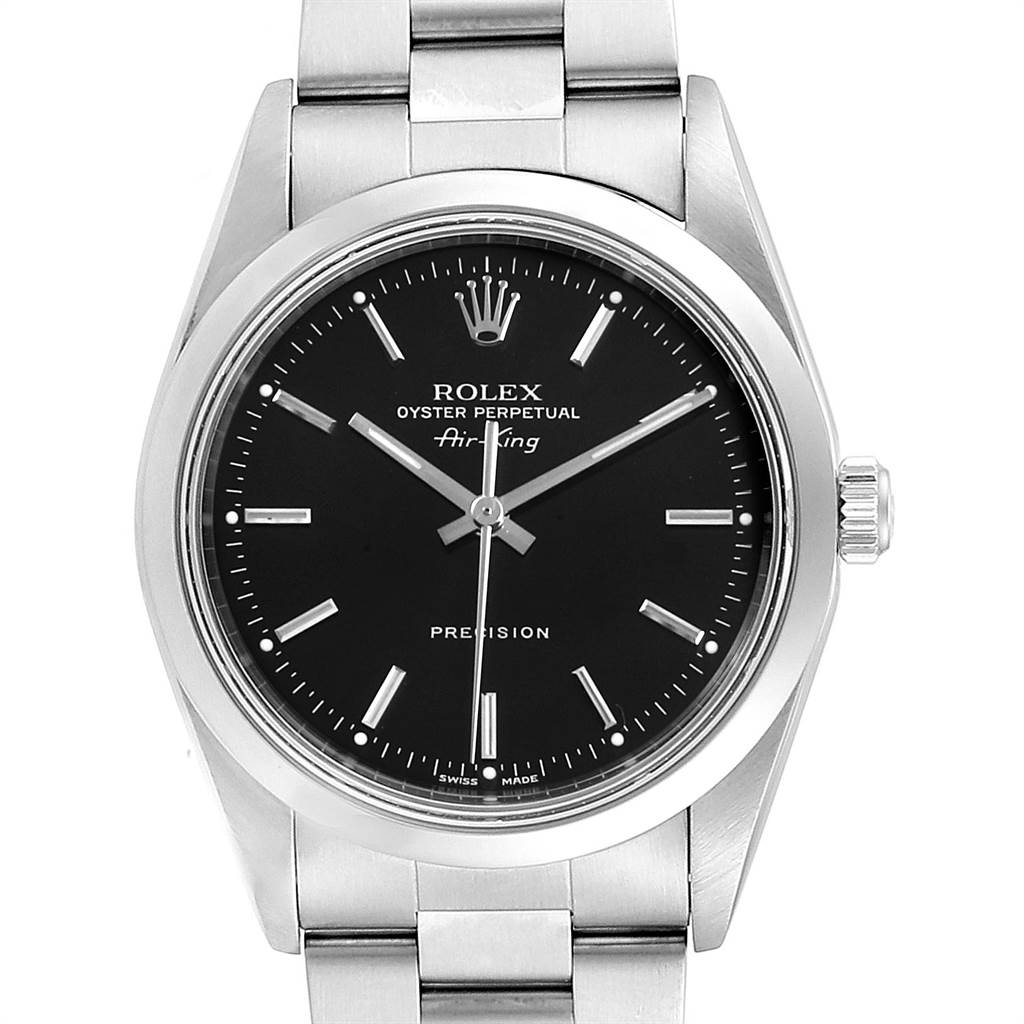 The Rolex Air-King 14000 Men's Stainless Steel Black Dial 14000 Men's Stainless Steel Black Dial watch is shown from the front, displaying the black dial, hour markers, hands, and part of the stainless steel bracelet.