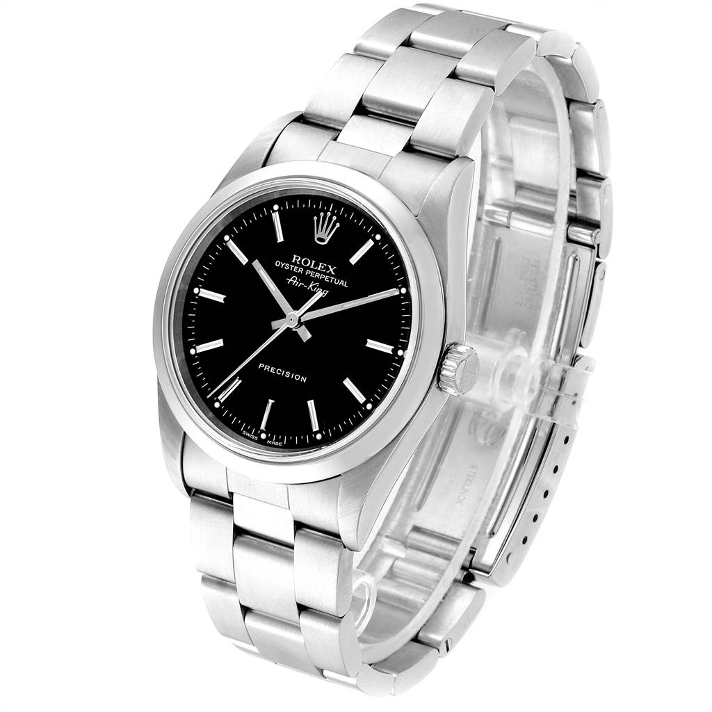 The image shows a Rolex Air-King 14000 Men's Stainless Steel Black Dial 14000 Men's Stainless Steel Black Dial watch from a front angle, highlighting the black dial, stainless steel case, and bracelet.