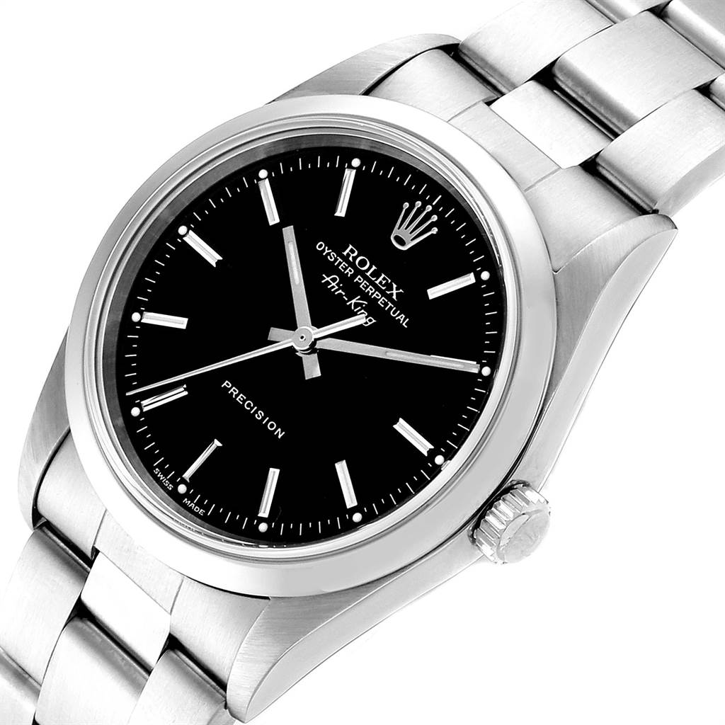 The image shows a Rolex Air-King 14000 Men's Stainless Steel Black Dial 14000 Men's Stainless Steel Black Dial watch from an angled top view, displaying the face, crown, and part of the bracelet.