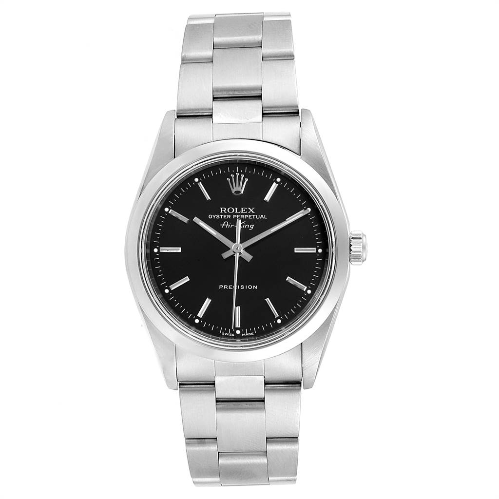 This Rolex Air-King 14000 Men's Stainless Steel Black Dial 14000 Men's Stainless Steel Black Dial watch is shown from a front angle, displaying its face, case, and bracelet.