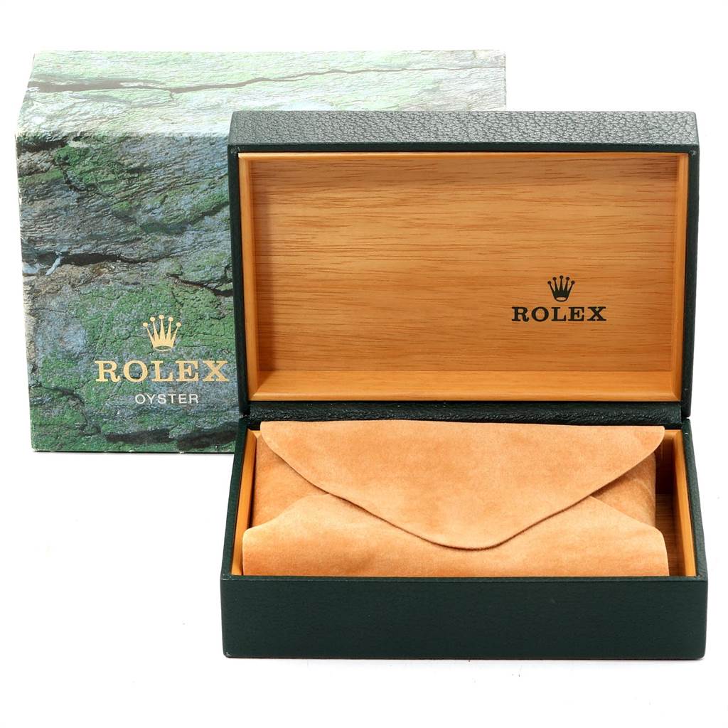 The image shows an open Rolex Air-King 14000 Men's Stainless Steel Black Dial 14000 Men's Stainless Steel Black Dial watch box with a suede pouch inside, alongside its outer packaging.
