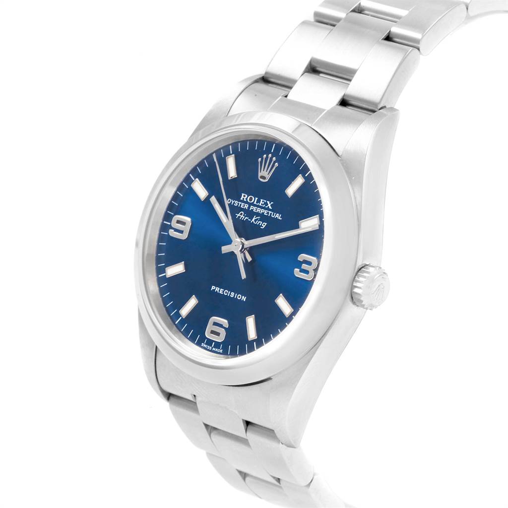 This image shows a Rolex Air-King 14000 Men's Stainless Steel Blue Dial 14000 Men's Stainless Steel Blue Dial watch at a slight angle, featuring its blue dial, silver hour markers, and metal bracelet.