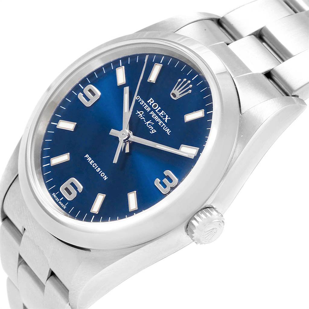 The image shows a Rolex Air-King 14000 Men's Stainless Steel Blue Dial 14000 Men's Stainless Steel Blue Dial watch at an angle highlighting the dial, crown, and part of the bracelet.