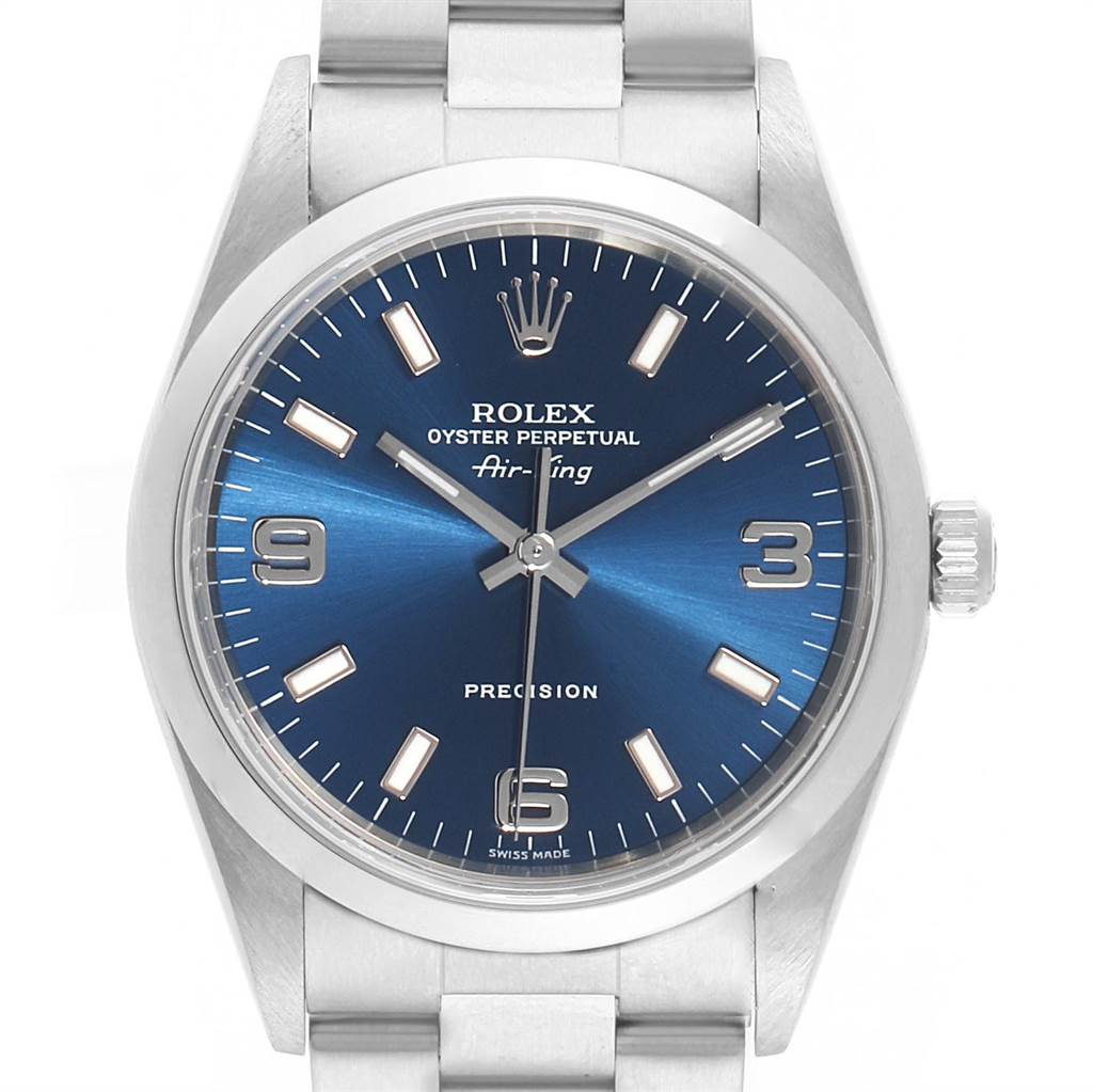 The image shows a front view of a Rolex Air-King 14000 Men's Stainless Steel Blue Dial 14000 Men's Stainless Steel Blue Dial watch with a blue dial and metal bracelet.