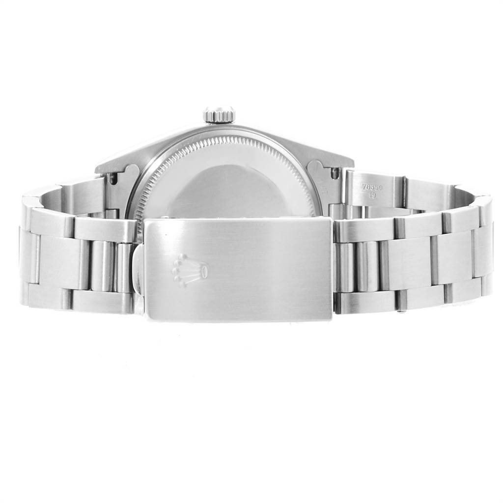 The image shows the back view of the Rolex Air-King 14000 Men's Stainless Steel Blue Dial 14000 Men's Stainless Steel Blue Dial watch, focusing on the case back and the bracelet with the clasp.