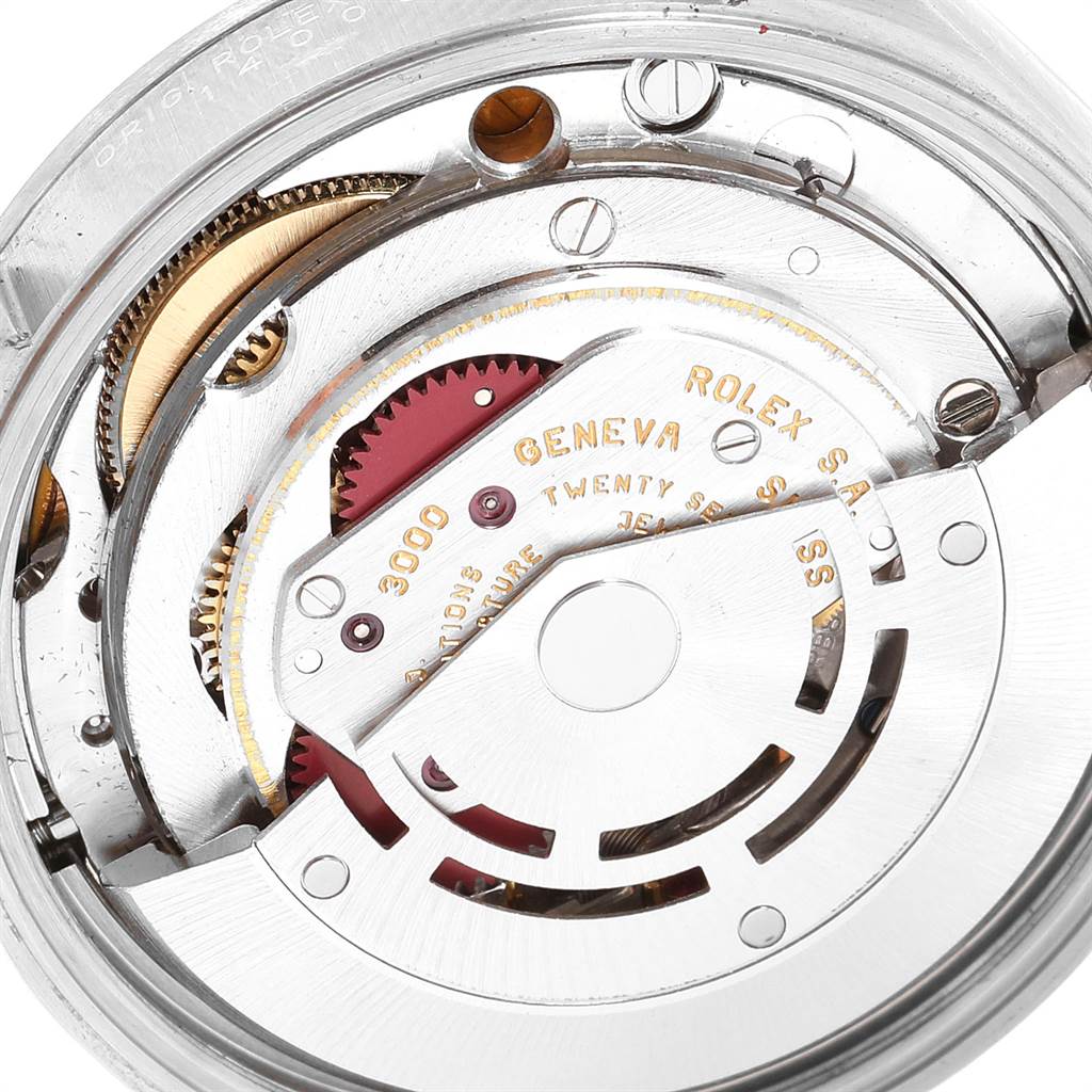 The image shows a close-up of the movement and internal mechanism of a Rolex Air-King 14000 Men's Stainless Steel Blue Dial 14000 Men's Stainless Steel Blue Dial watch.