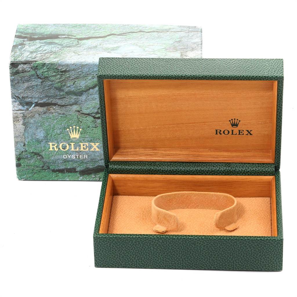 The image shows the open box for a Rolex Air-King 14000 Men's Stainless Steel Blue Dial 14000 Men's Stainless Steel Blue Dial watch, displaying the interior and logo branding.