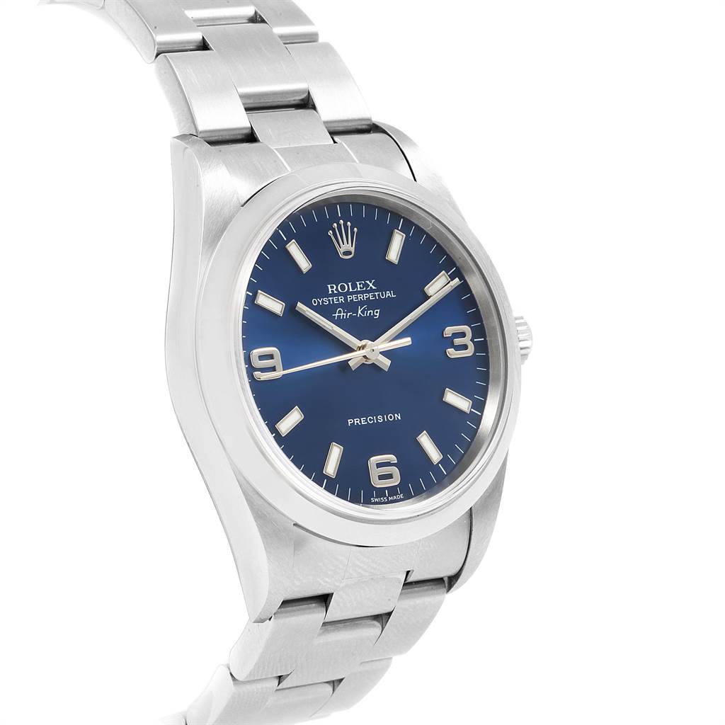 The image shows a Rolex Air-King 14000 Men's Stainless Steel Blue Dial 14000 Men's Stainless Steel Blue Dial watch at a slight angle, displaying its blue dial, case, and part of the stainless steel bracelet.