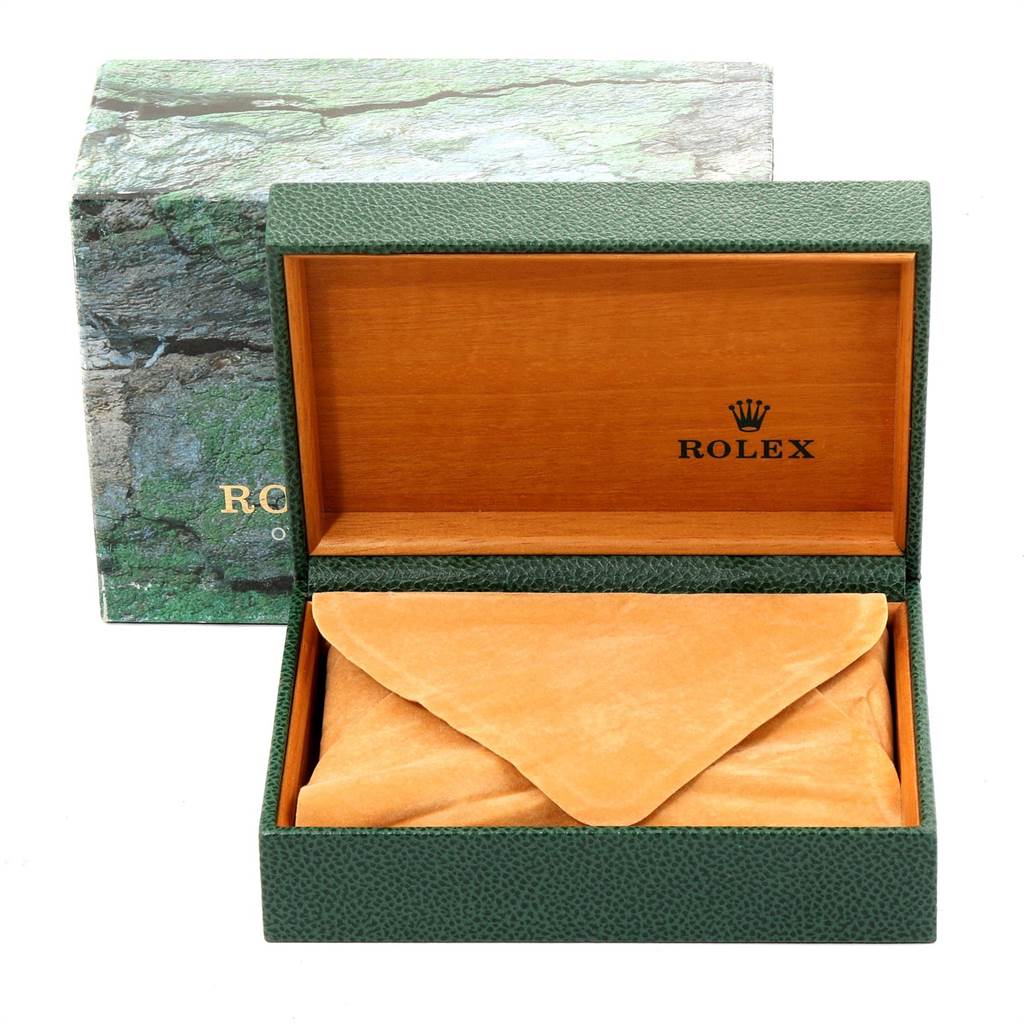 The image shows an open Rolex Air-King 14000 Men's Stainless Steel Blue Dial 14000 Men's Stainless Steel Blue Dial watch box with a velvet pouch, viewed from the front.