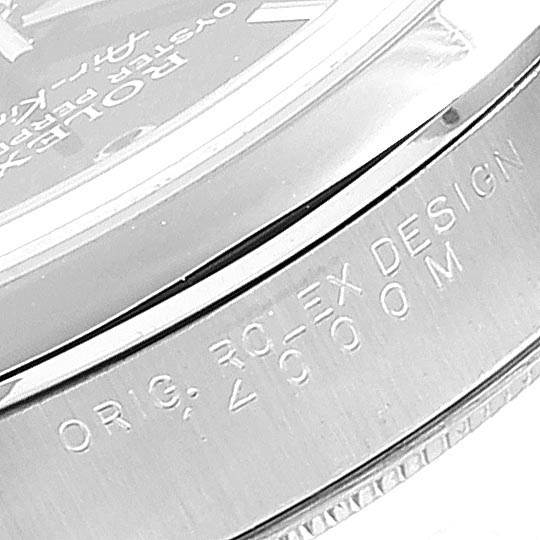 This close-up image shows the side of the case and part of the bezel of the Rolex Air-King 14000 Men's Stainless Steel Blue Dial 14000 Men's Stainless Steel Blue Dial watch.