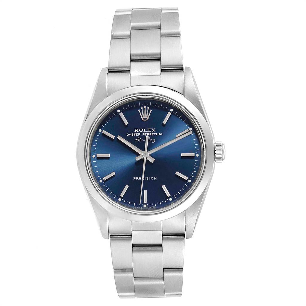 The image shows a front view of a Rolex Air-King 14000 Men's Stainless Steel Blue Dial 14000 Men's Stainless Steel Blue Dial watch, displaying its blue dial, hour markers, case, and metal bracelet.