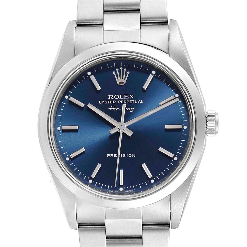 This image shows a front view of the Rolex Air-King 14000 Men's Stainless Steel Blue Dial 14000 Men's Stainless Steel Blue Dial watch, focusing on the dial and part of the bracelet.