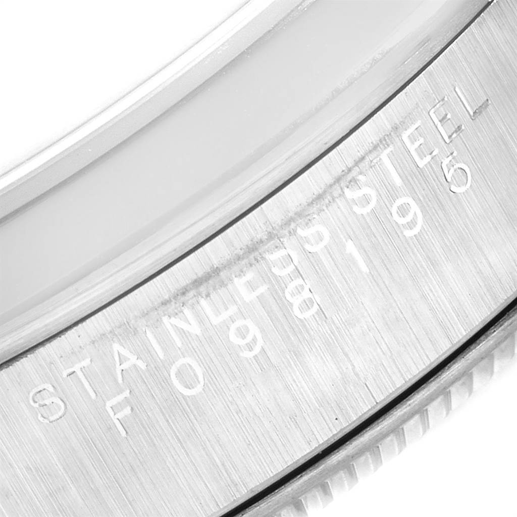 This image shows a close-up of the stainless steel case back of a Rolex Air-King 14000 Men's Stainless Steel Blue Dial 14000 Men's Stainless Steel Blue Dial watch.