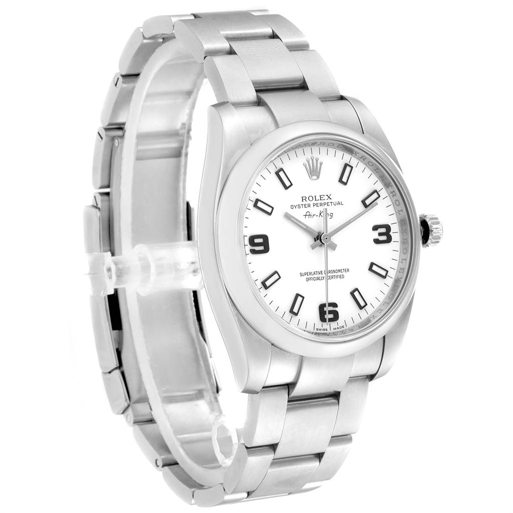 The image shows a front-angle view of a Rolex Air-King 114200 Men's Stainless Steel White Dial 114200 Men's Stainless Steel White Dial watch, displaying its face, case, and bracelet.
