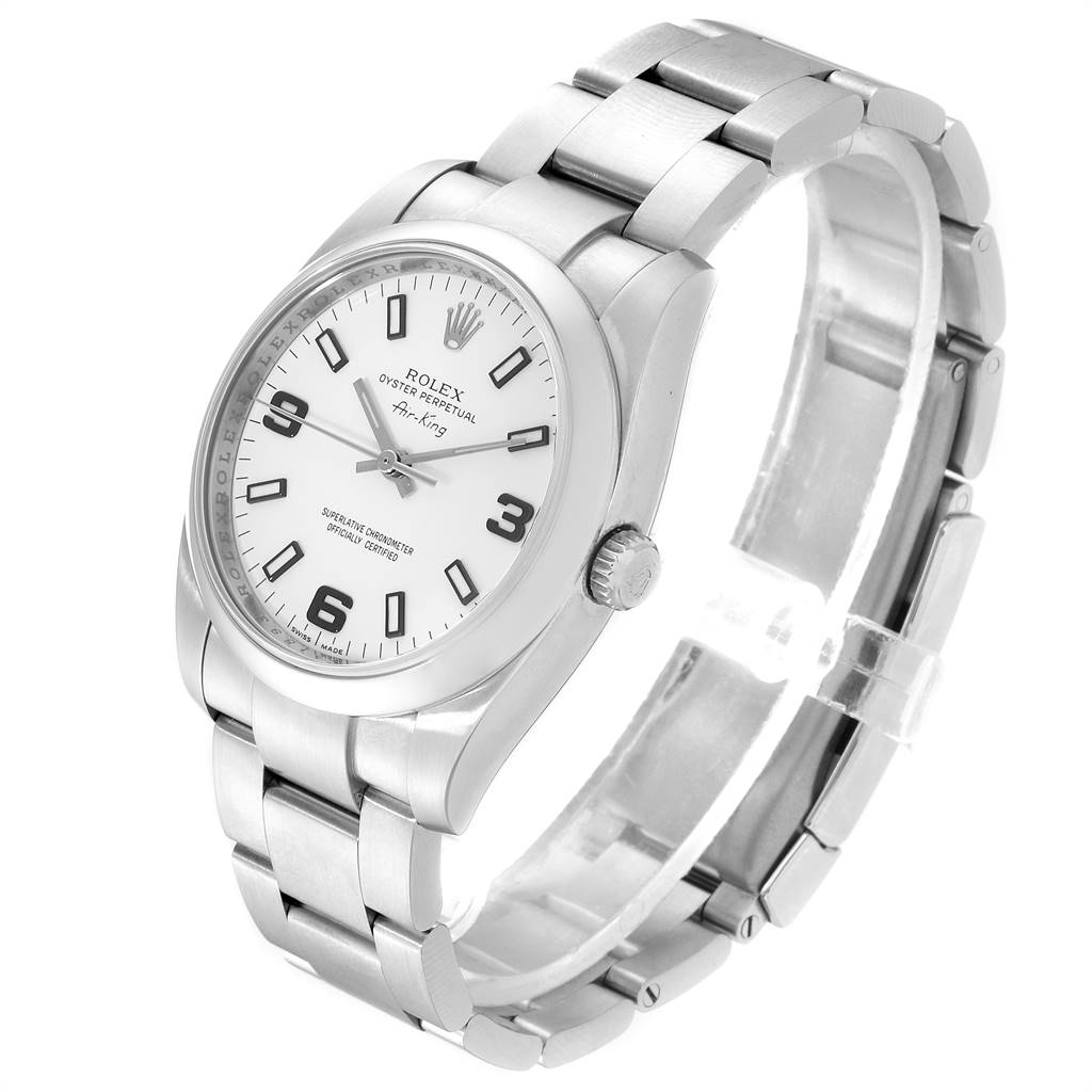 The Rolex Air-King 114200 Men's Stainless Steel White Dial 114200 Men's Stainless Steel White Dial watch is shown at a slight angle, displaying its face, bezel, crown, and metallic bracelet.