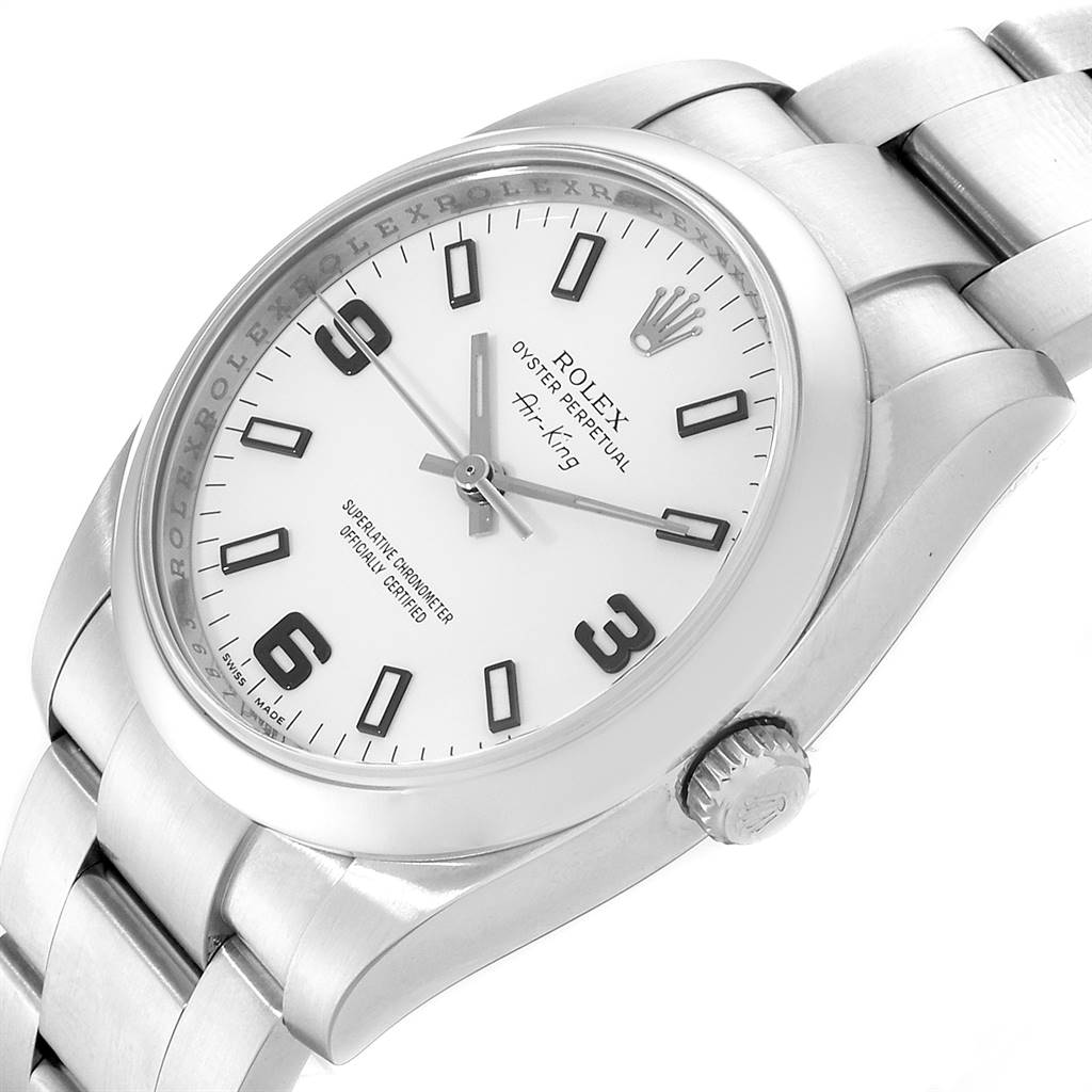 The image shows a Rolex Air-King 114200 Men's Stainless Steel White Dial 114200 Men's Stainless Steel White Dial watch at an oblique angle, highlighting the dial, crown, and bracelet.