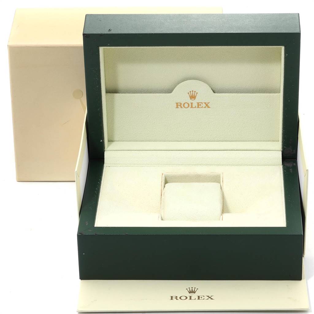 This is an open Rolex Air-King 114200 Men's Stainless Steel White Dial 114200 Men's Stainless Steel White Dial watch box shown from the front angle, displaying the interior with the Rolex logo.