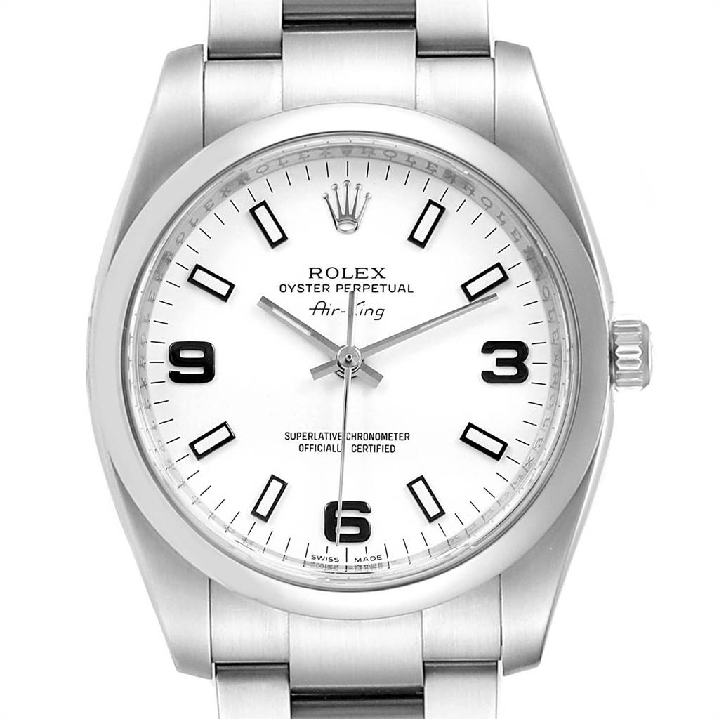 This image shows a frontal view of the Rolex Air-King 114200 Men's Stainless Steel White Dial 114200 Men's Stainless Steel White Dial watch, detailing the face, bezel, crown, and part of the bracelet.