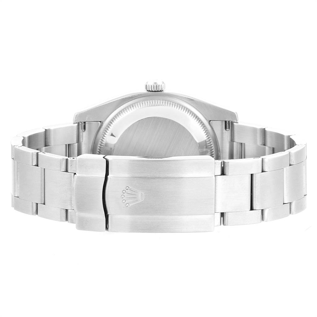 The image shows the back and clasp of a Rolex Air-King 114200 Men's Stainless Steel Blue Dial 114200 Men's Stainless Steel Blue Dial watch, highlighting its stainless steel bracelet and case.